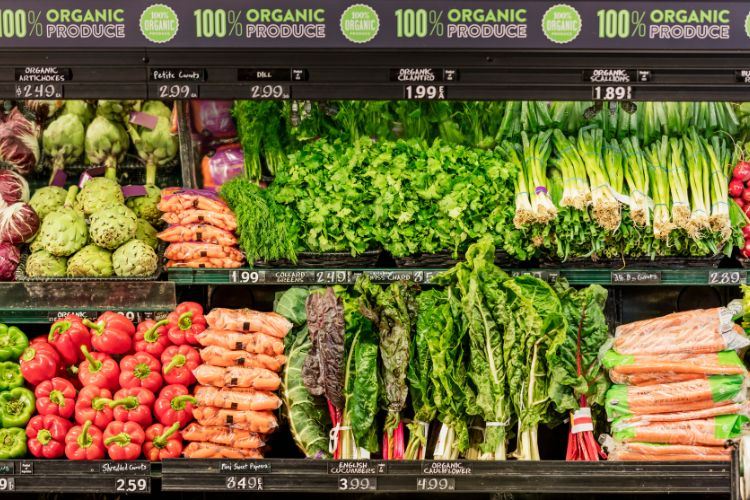 Variety of produce on grocery store shelves