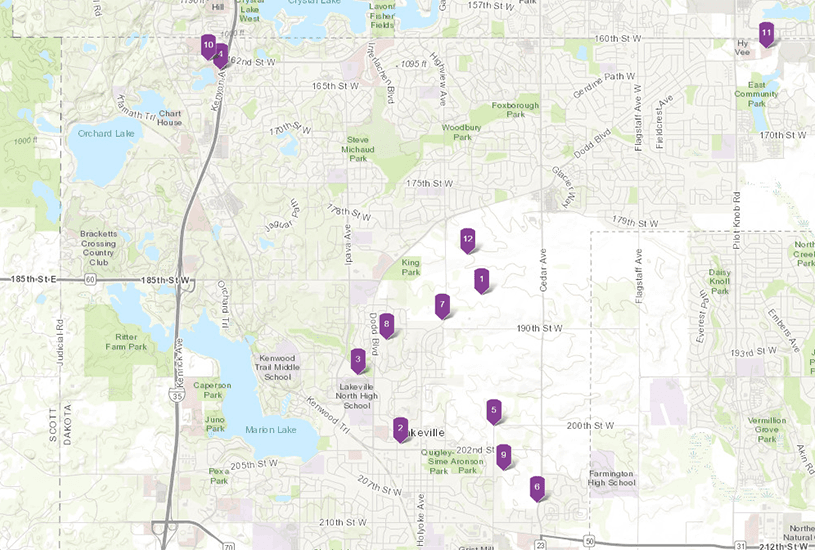 Lakeville map with purple icons